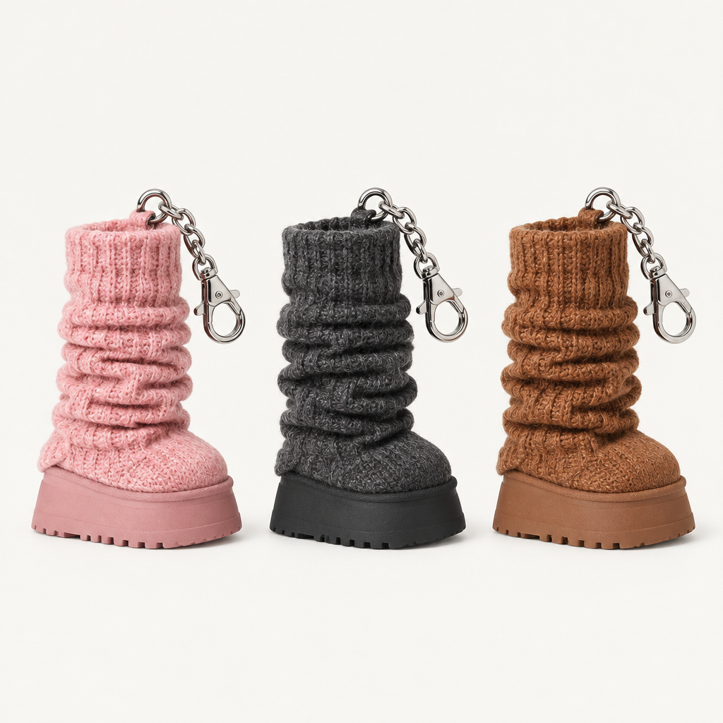 Matching mini boot charms in Rose, Charcoal and Chestnut — AI design preview