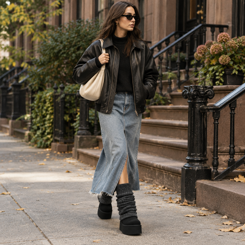 Legwarmer boots street style — AI campaign image