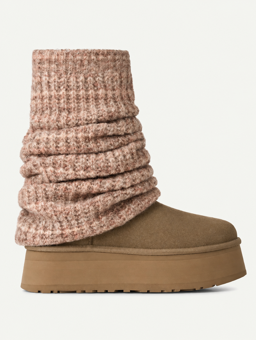 Unbranded legwarmer platform boot in Chestnut — edited design preview