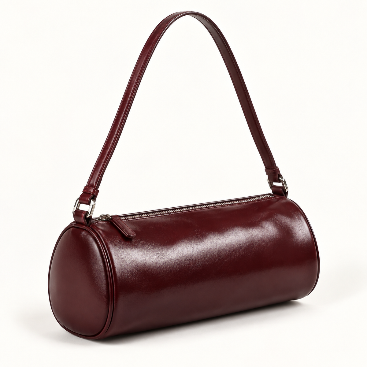 Oxblood Barrel Shoulder Bag — AI-generated product concept